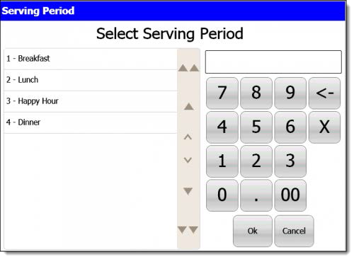 This figure shows the Select Serving Period window from the POS workstation.