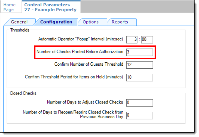 This figure shows the Control Parameters module, which includes the Number of Checks to Print Before Authorization setting.