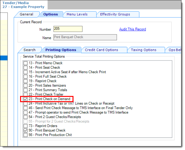 This figure shows the Tender/Media module, specifically the Print Check On Demand option.