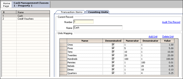 This figure shows the Cash Management Class Counting Units with an example of the units mapping setup.