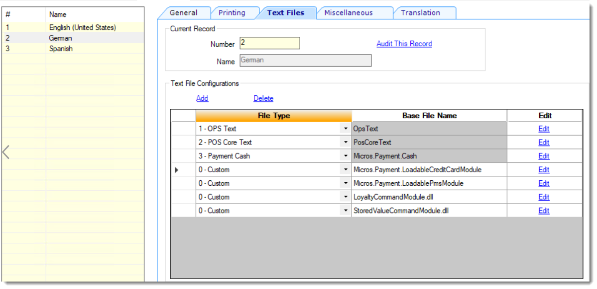 This image displays the Text Files tab of the Languages Enterprise module in EMC.
