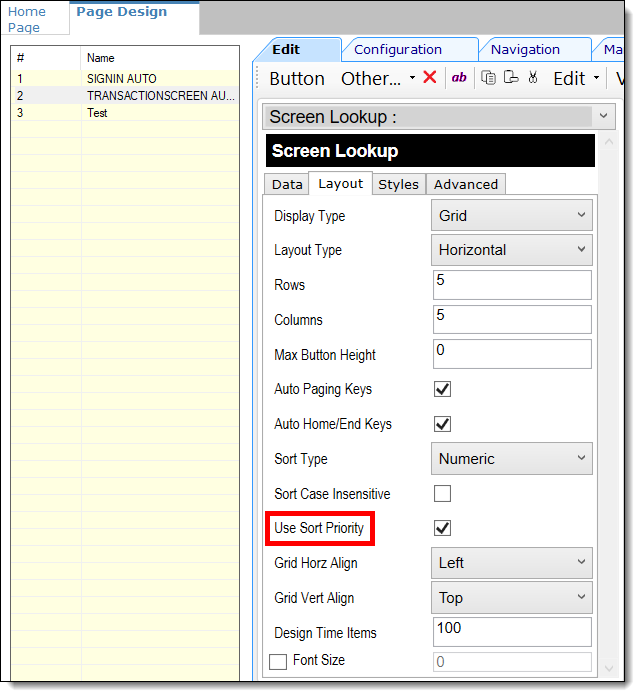 This figure shows the Page Design module’s Screen Lookup Layout settings.