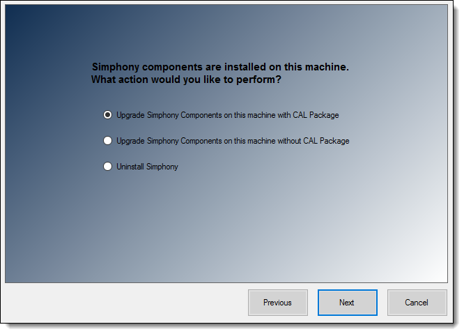 This figure shows the options you have when upgrading Simphony components during an upgrade.