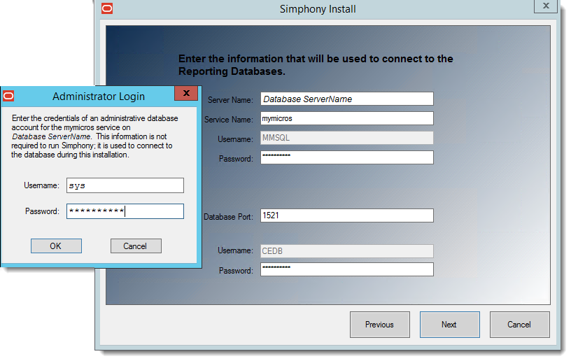 This figure shows the Simphony Install wizard screen where the connection to the reporting database is made.