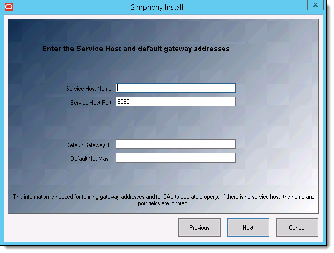 This figure shows the Simphony Install wizard page where you specify the Service Host Name and Port number as well as the Default Gateway IP addresses.