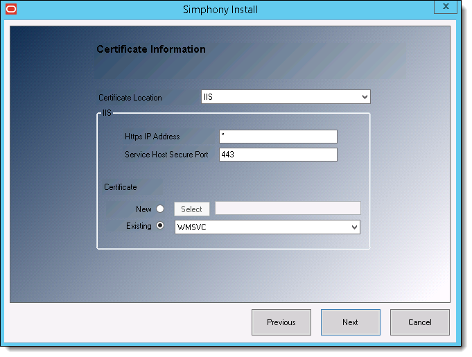 This figure shows the Simphony Upgrade wizard page where you verify the installation of a secure certificate, IP address, and your secure port number.
