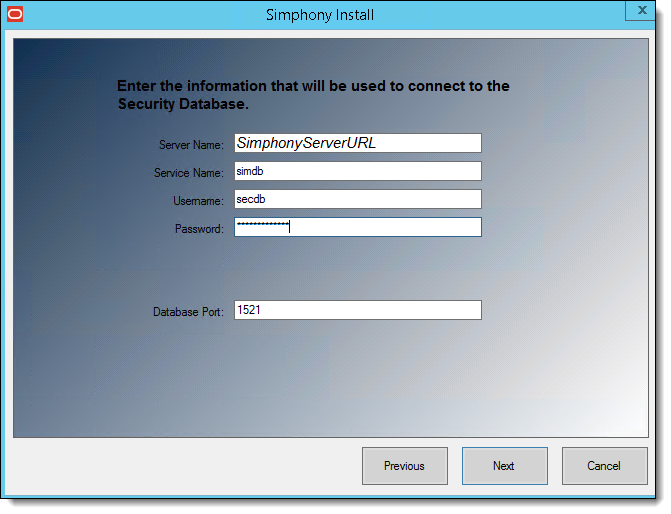 This figure shows the Simphony Install wizard page where you enter the information to connect to the security database.
