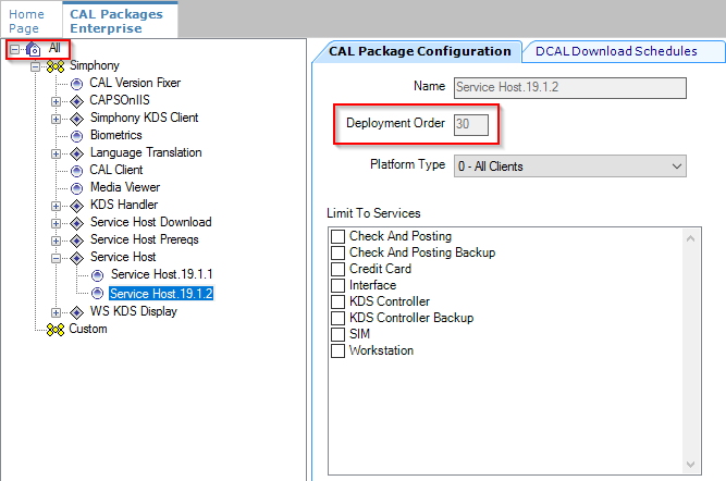 This figure shows the CAL Package Configuration tab and the grayed out Deployment Order field.