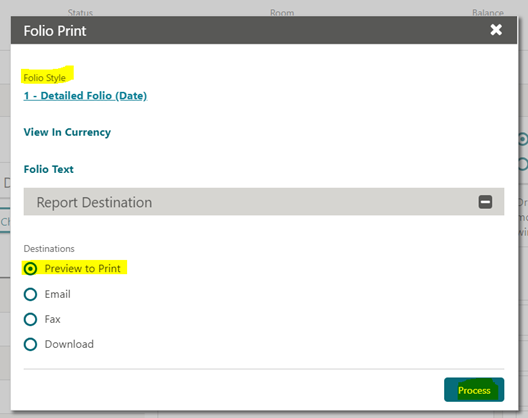 This figure shows the report destination options on the Folio Print screen.