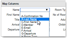 The figure shows how to map the columns by selecting the B-Last Name spreadsheet column in the Name field drop-down list.