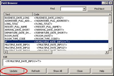 This figure shows the Field Browser screen with an IF condition selected for updating.