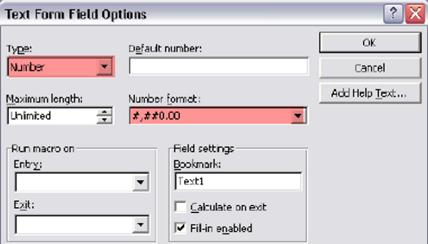 This figure shows the Text Form Field Options with the field type set as a number.