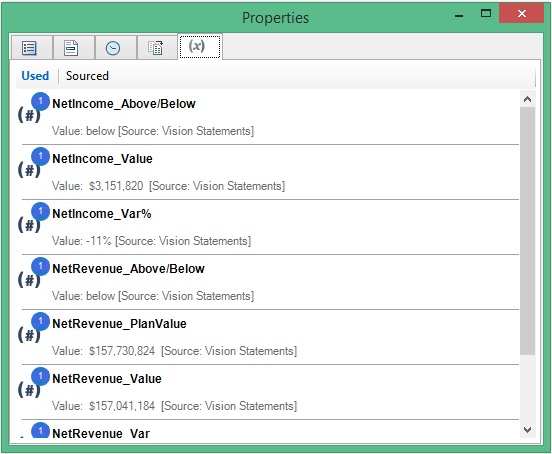 ドックレットの変数タブの例。 ドックレットで使用されるすべての変数のリストを含みます。 