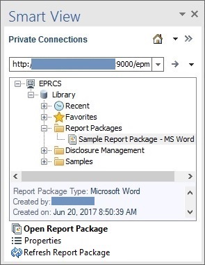 最初にEnterprise Performance Reporting Cloudに接続すると、WordのSmart Viewパネルにデフォルトのフォルダが表示されます: 最近のお気に入り、マイ・ライブラリ、レポート・パッケージ、およびアプリケーション。 レポート・パッケージが展開され、サンプル・レポート・パッケージが含まれています - MS Wordのレポート・パッケージ。 