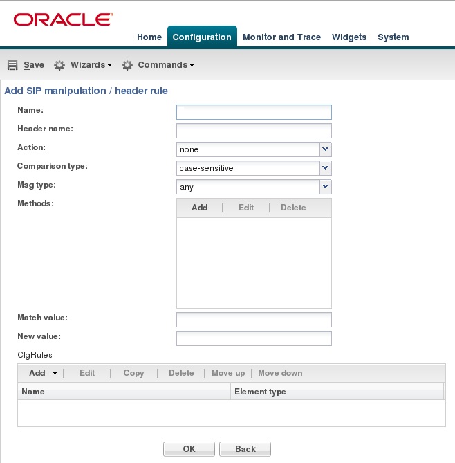 This screen captgure shows an example of one of the SIP manipulation header rule dialogs.