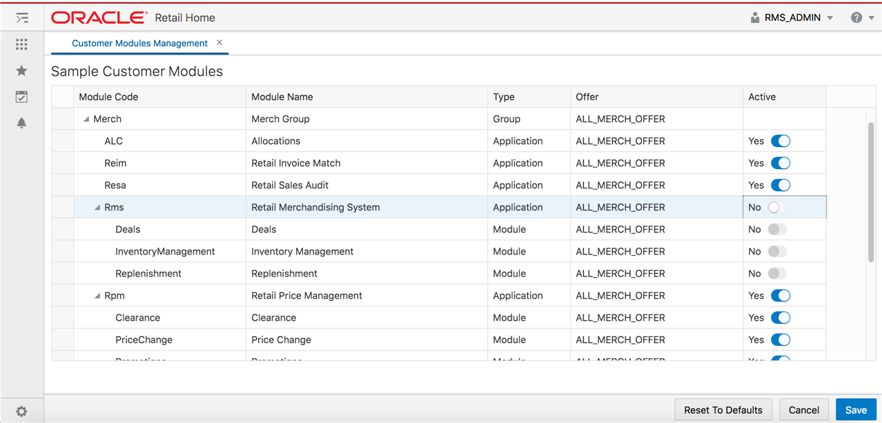 Retail Home Customer Modules Management Page