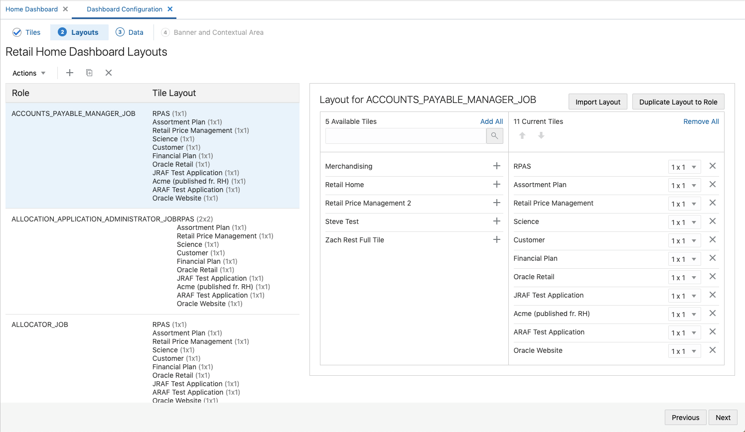 Mapping Table for Role and Application Tiles