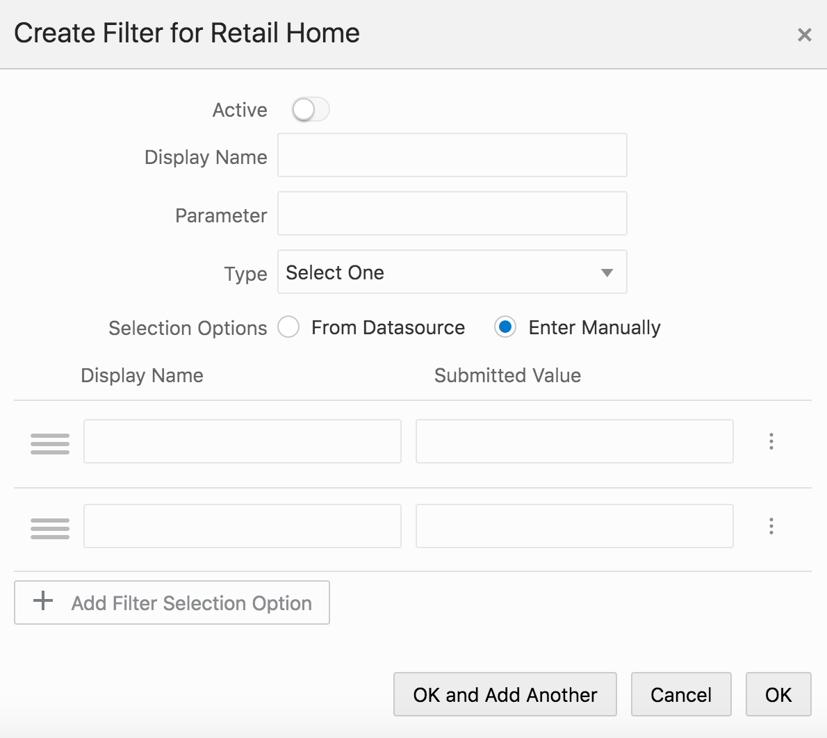 Manual Filter Creation Window