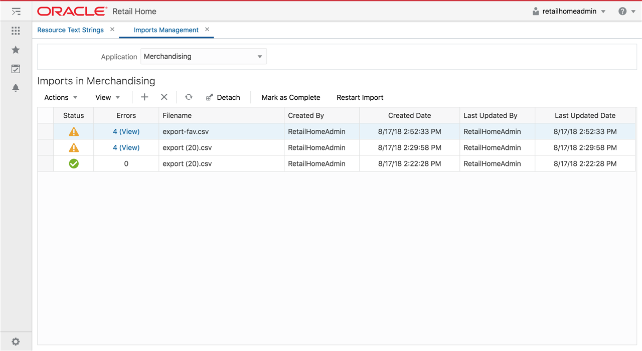 Imports Management Screen