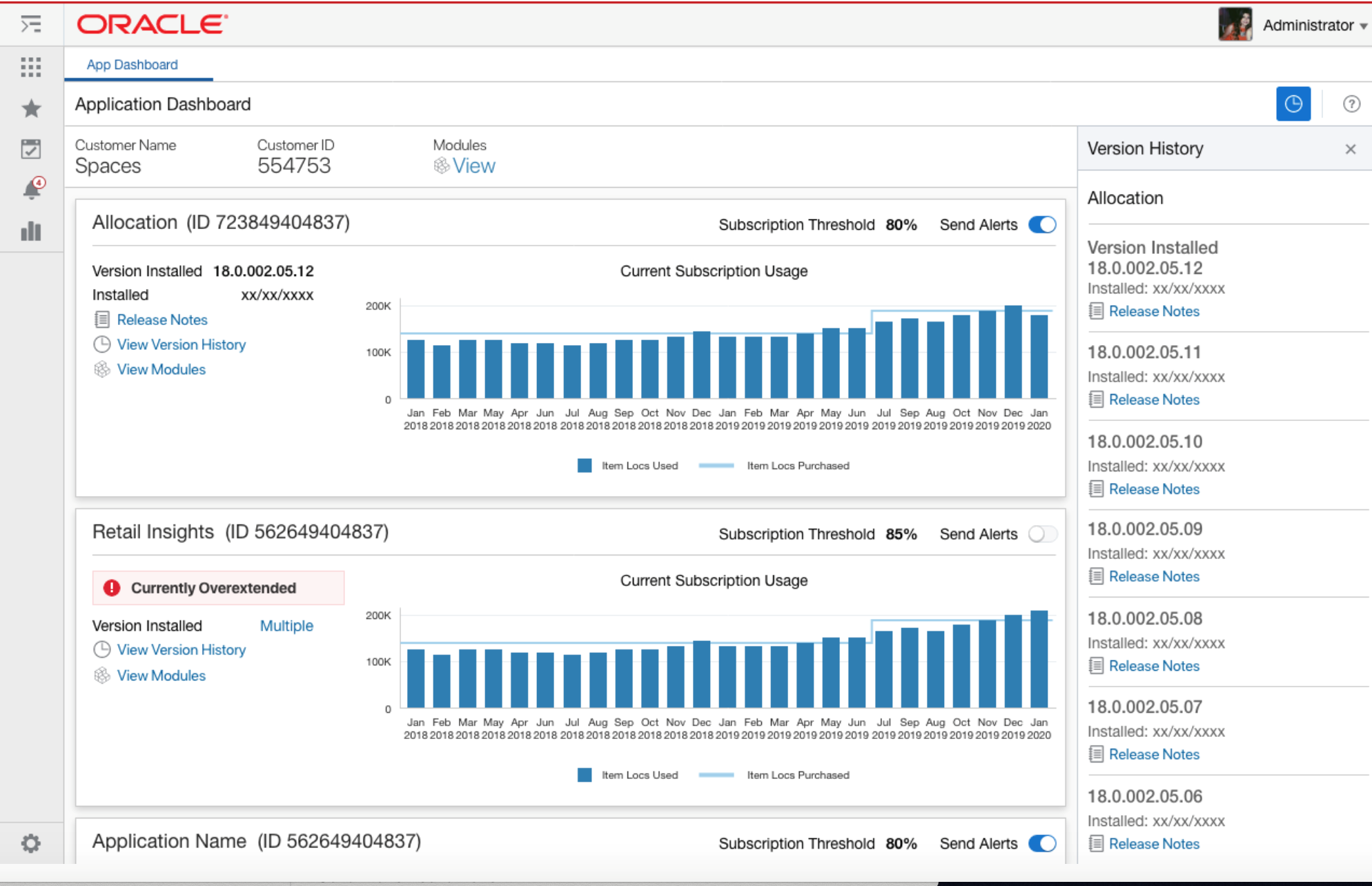 Application Dashboard Version History Contextual Pane