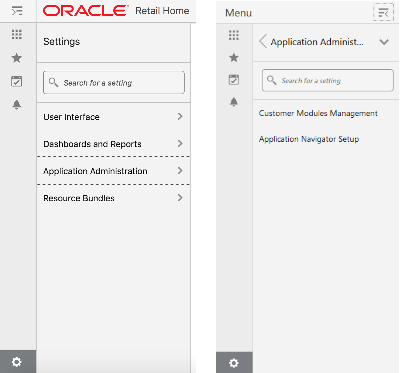 Application Navigator Setup Link in Retail Home's Settings Menu