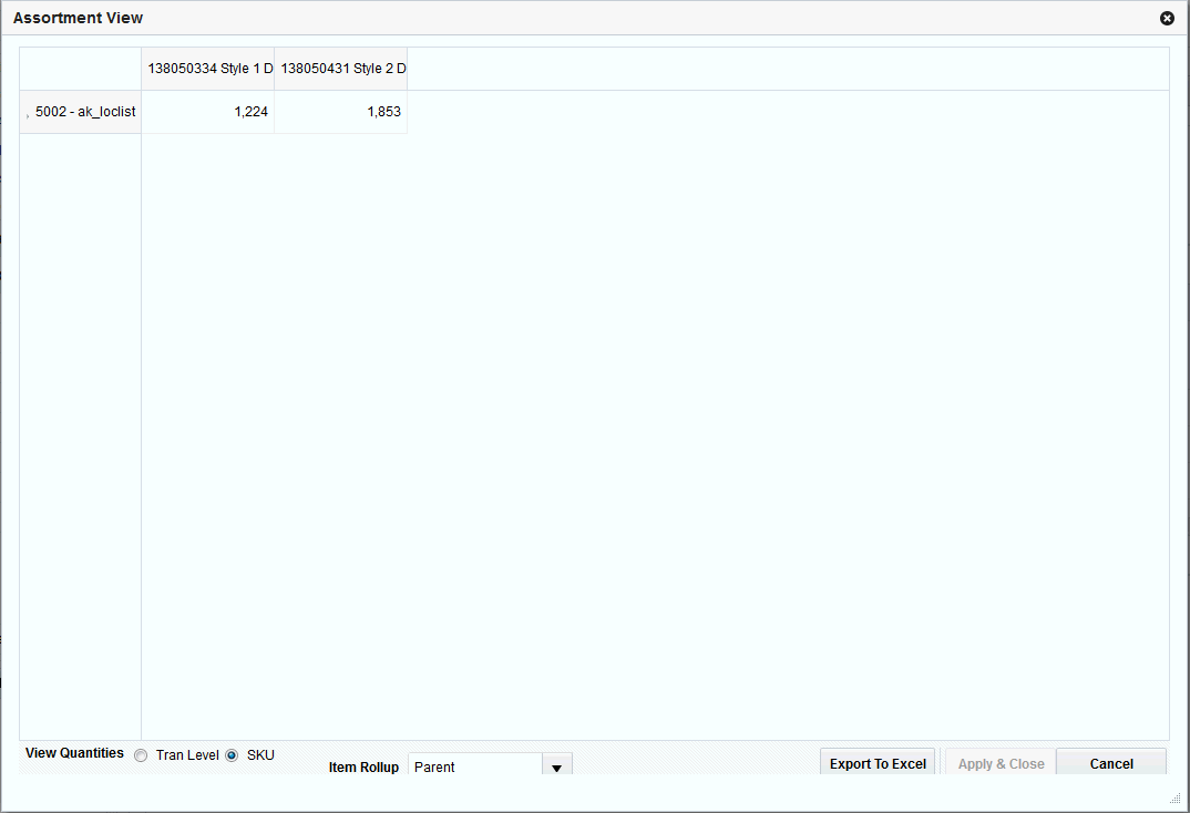 The assortment view's SKU level window