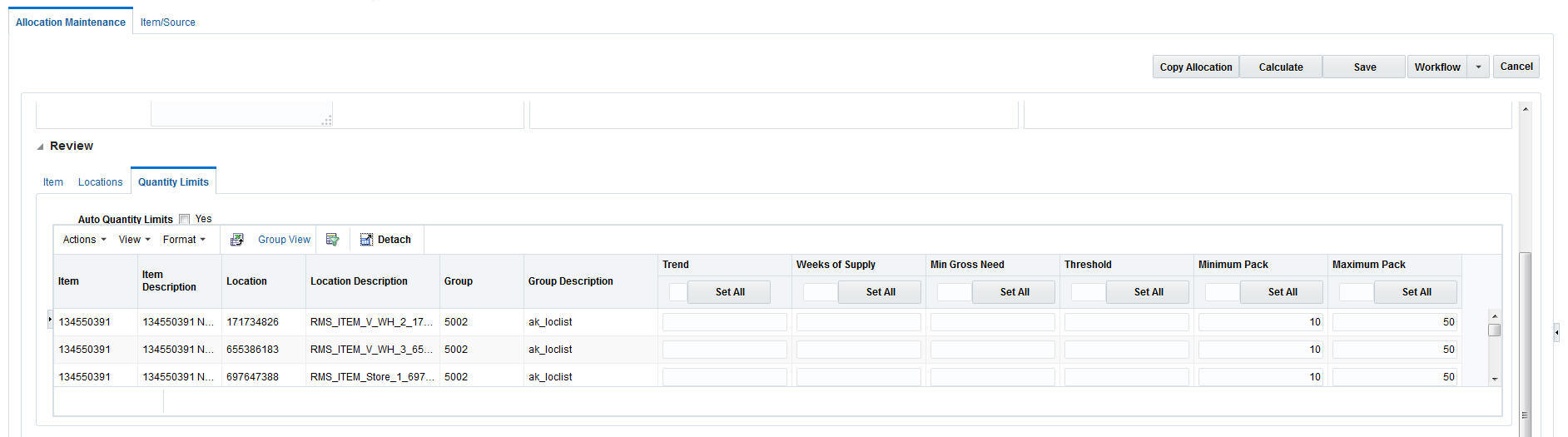 Quantity Limits window