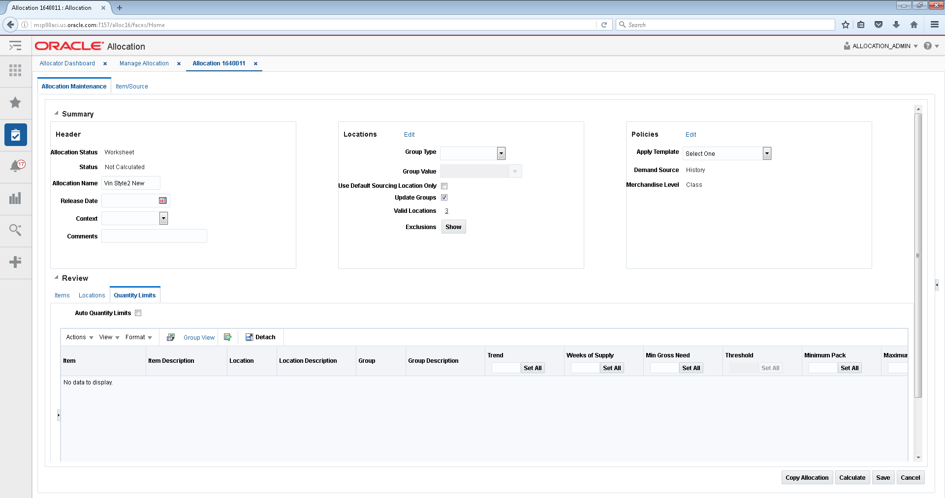 Allocation maintenance window