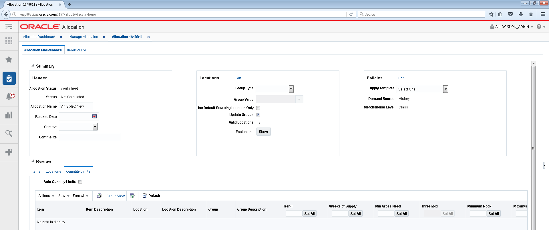 Allocation maintenance window