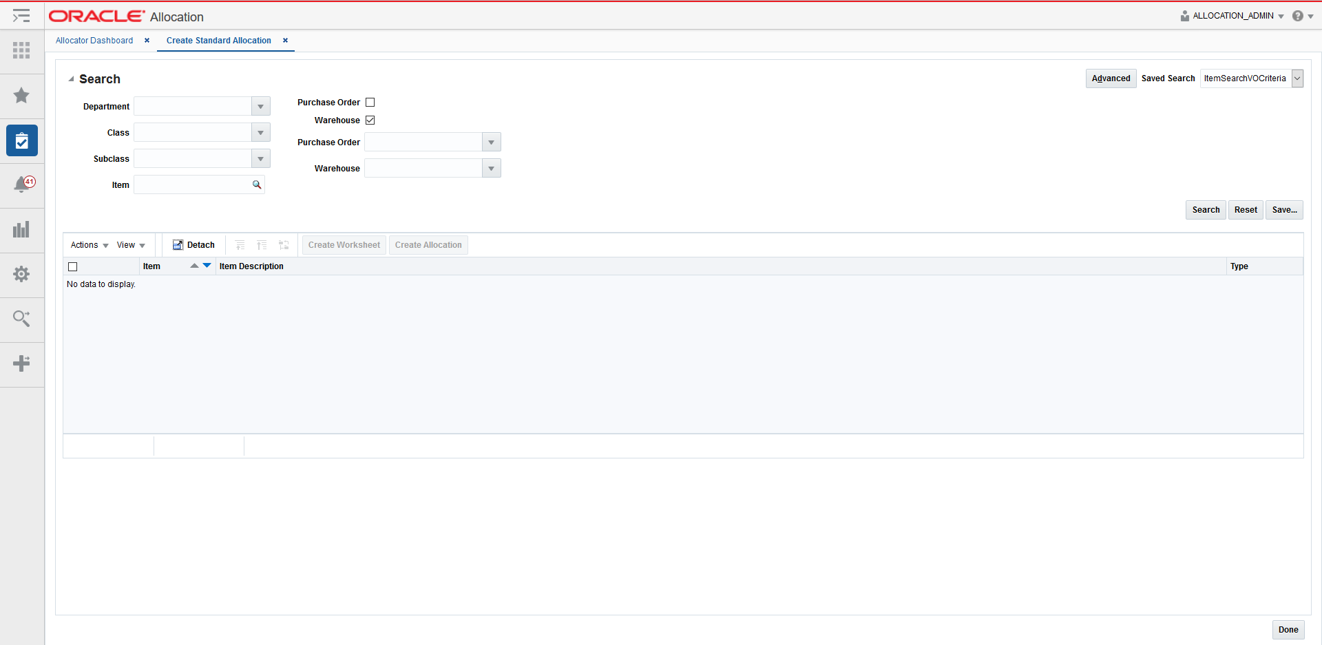Create standard allocation basic search window