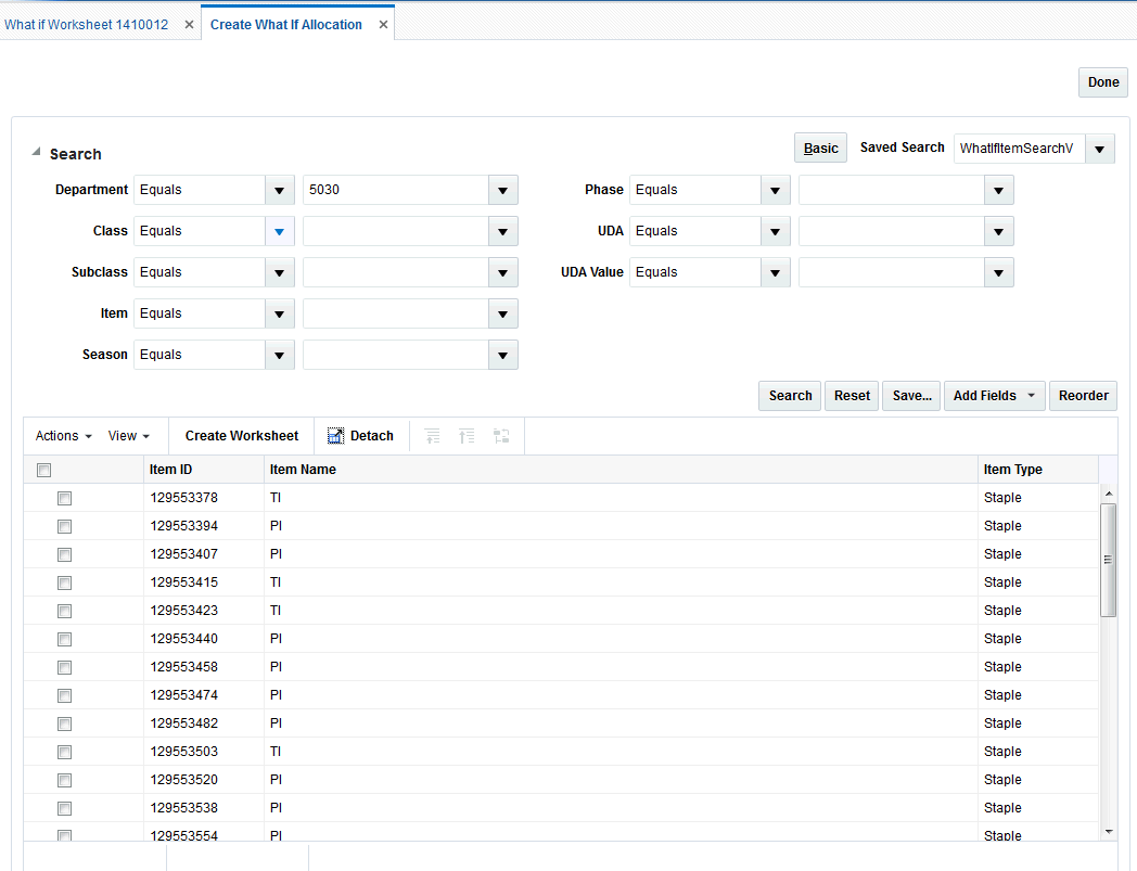 Create a what If Allocation Advanced Search Window