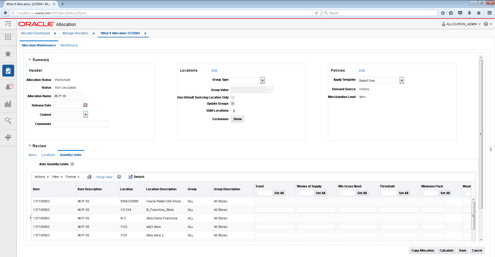 Allocation maintenance window