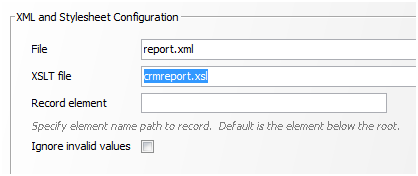 この図は、XMLソース・ファイルおよびそのXSLTファイル(スタイルシート)の場所を指定する方法の画面キャプチャです。