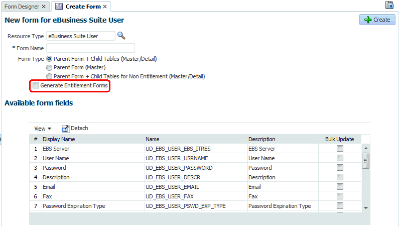 「権限フォームの生成」オプションが強調表示されたeBusiness Suiteユーザーの新規フォームのサンプル・スクリーンショット。