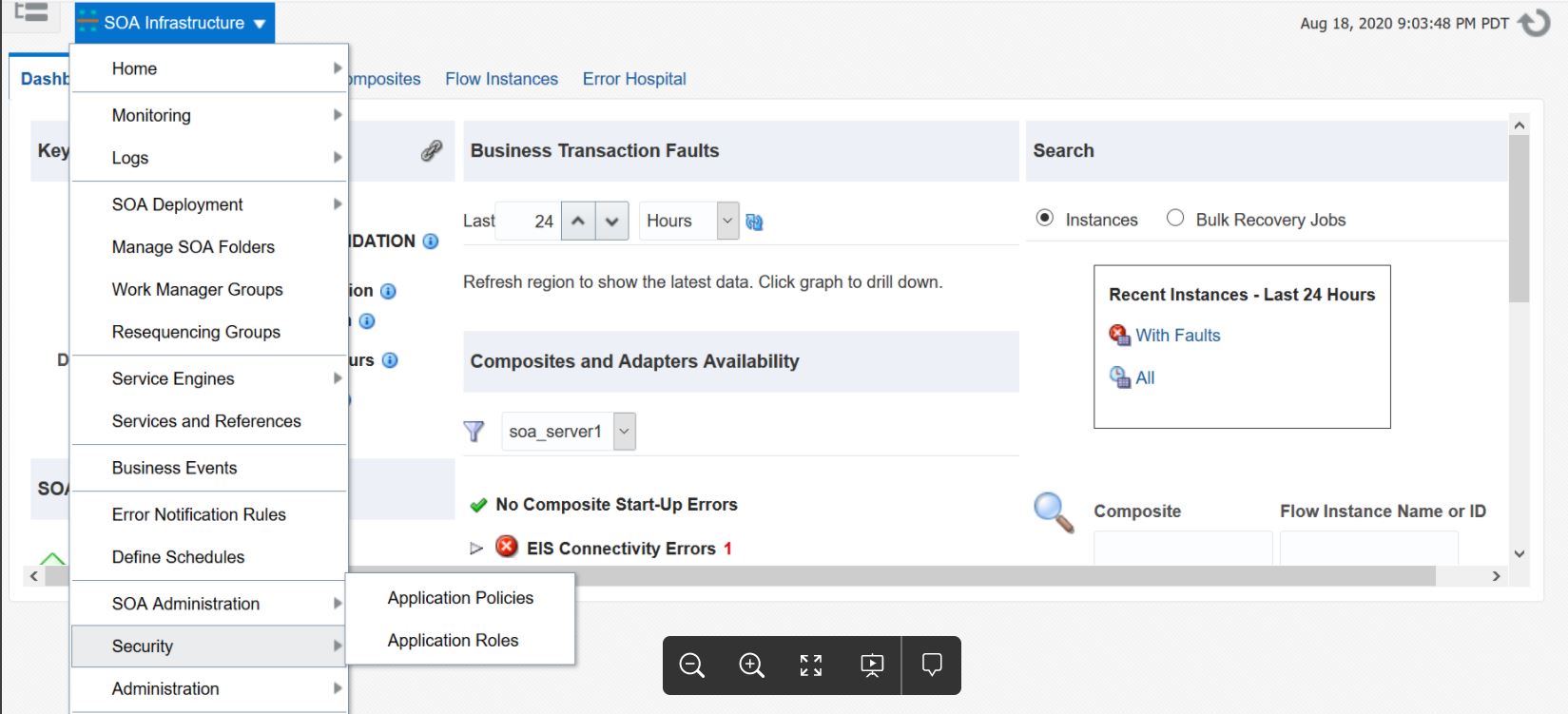 Oracle Enterprise Manager Fusion Middleware Controlの「SOAインフラストラクチャ」メニュー