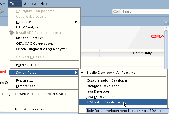 「ツール」→「ロールの切替え」→「SOAパッチ開発者」