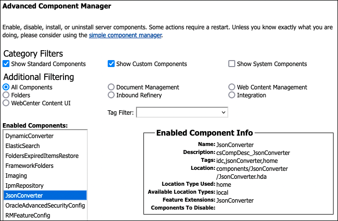 このイメージは、「拡張コンポーネント・マネージャ」ページを示しています。このページでは、「有効なコンポーネント」セクションにJsonConverterコンポーネントがリストされます。