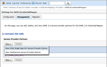 この画像は、サービス・プロバイダ・パートナに「新しいWebシングル・サインオンのサービス・プロバイダ・パートナ」オプションが選択されたことを示しています。
