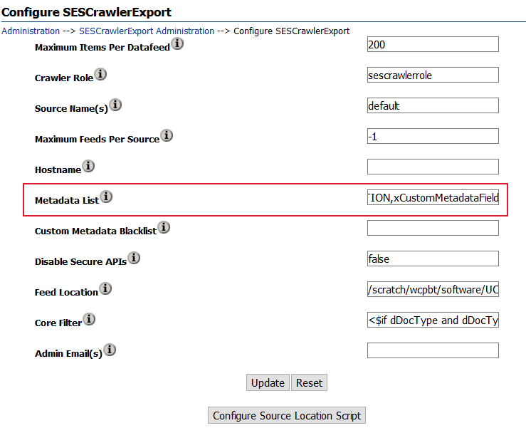 「SESCrawlerExportの構成」ページ この画像は、「SESCrawlerExportの構成」ページの各種パラメータと、「更新」ボタンおよび「リセット」ボタンを示しています。