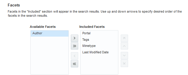 Elasticsearchの「設定」 - 「ファセット」 この図は、使用可能なファセットを示しています。「使用可能」と「含める」の2つのセクションがあります。
