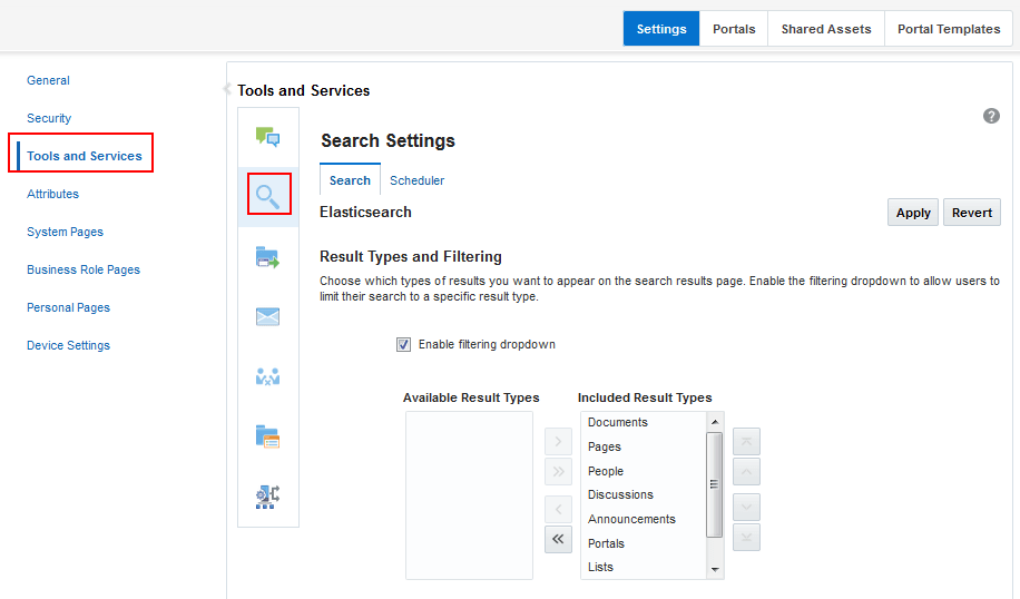 Elasticsearchの設定 この図は、「検索設定」ページの検索設定オプション(検索範囲、カスタム属性など)を示しています。