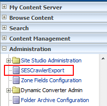 WebCenter Content Serverの「管理」メニュー この画像は、SESCrawlerExportコンポーネントが表示された「管理」メニューを示しています。