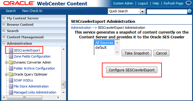 「SESCrawlerExport管理」ページ この画像は、「SESCrawlerExportの構成」ボタンが表示された「SESCrawlerExport管理」ページを示しています。