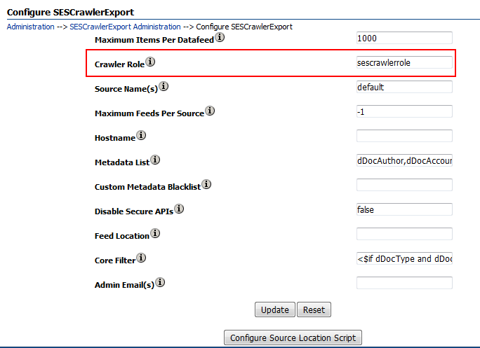 「SESCrawlerExportの構成」ページ この画像は、「SESCrawlerExportの構成」ページの各種パラメータと、「更新」ボタンおよび「リセット」ボタンを示しています。