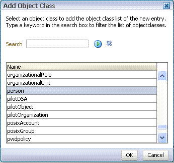 Oracle Directory Services Manager - 「オブジェクト・クラスの追加」
