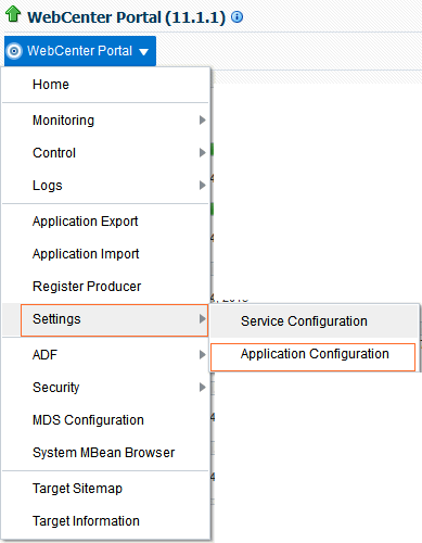 「WebCenter Portal」の「アプリケーション構成」メニュー