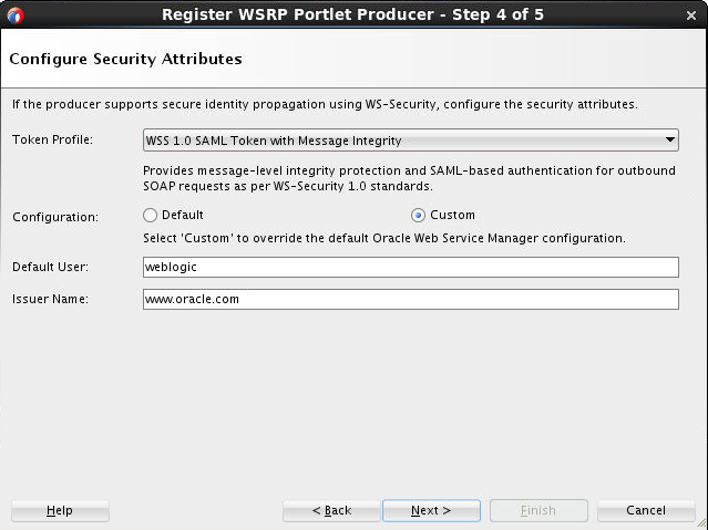 この画像は、WSRPポートレット・プロデューサの登録ウィザードの「セキュリティ属性の構成」を示しています。