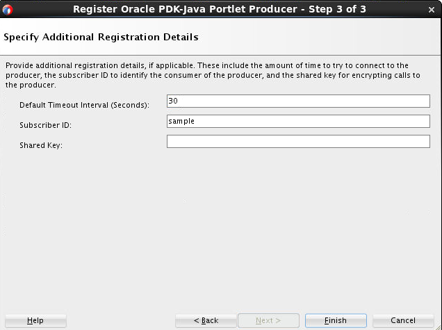 この画像は、Oracle PDK-Javaポートレット・プロデューサの登録ウィザードの「追加登録詳細の指定」を示しています。