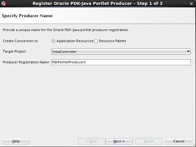 この画像は、PDK-Javaプロデューサの詳細を入力できる「プロデューサ名の指定」ダイアログを示しています。