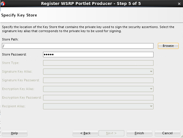 この画像は、WSRPポートレット・プロデューサの登録ウィザードの「キーストアの指定」を示しています